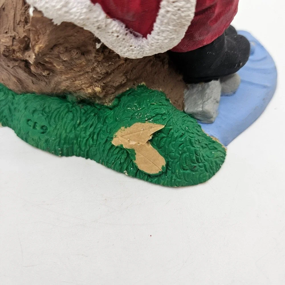 Vintage 1993 Sleeping Santa Claus Figurine Sitting on Tree Stump Creek Fishing